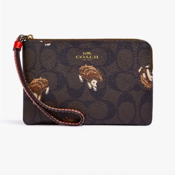 COACH Corner Zip Wristlet Wallet  In Signature Canvas With Hedgehog NWT - Picture 5 of 9